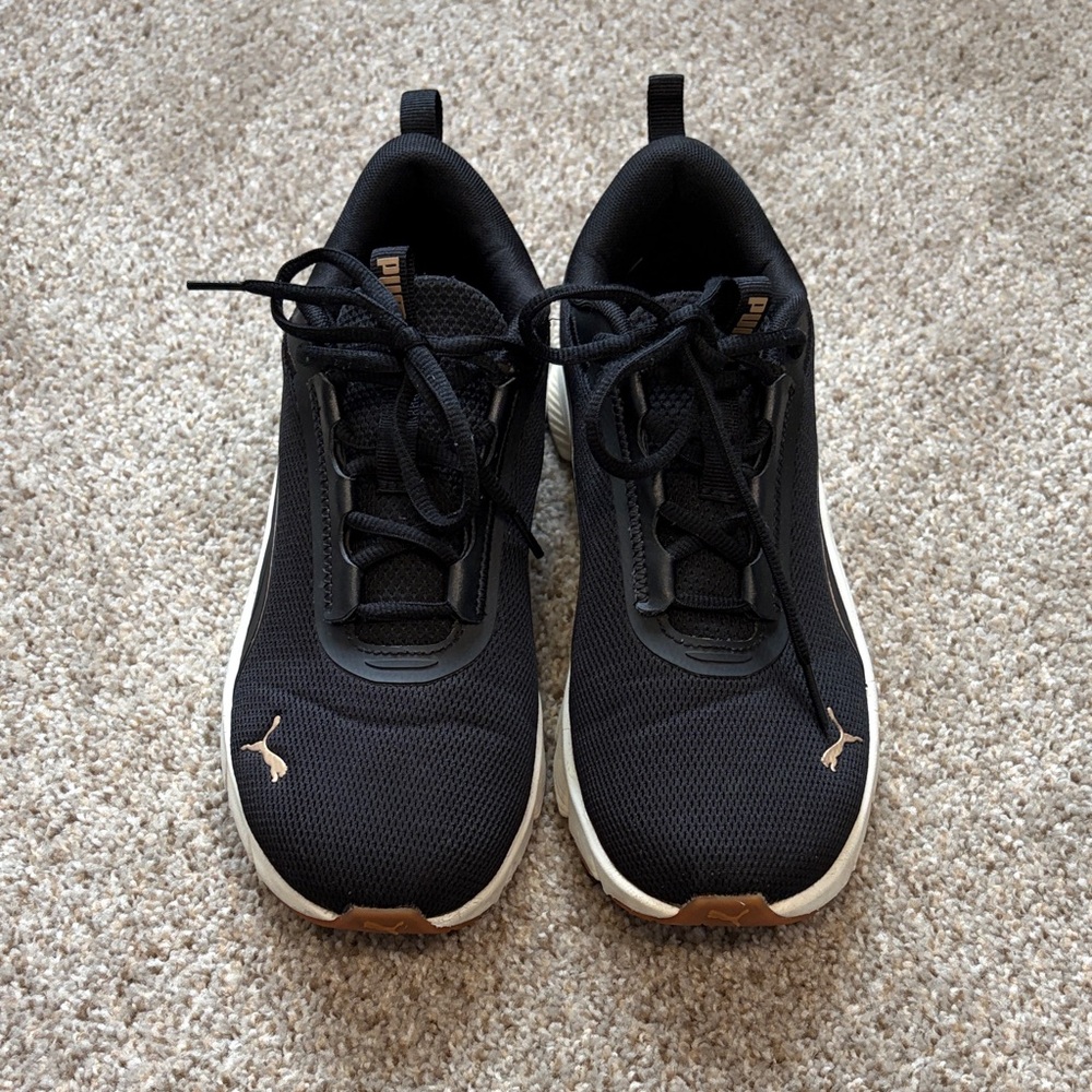Puma Women’s Black Athletic Sneakers with White Midsoles and Tan Accents